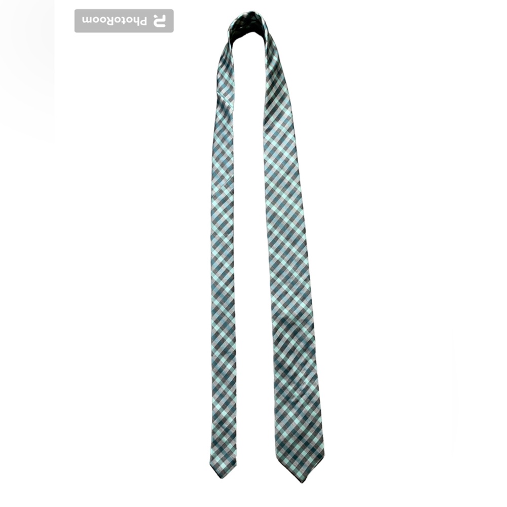 J Ferrar Mens Plaid Tie Teal Grey Black Polyester Silk Rayon Blend RN 121148